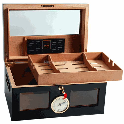 120-cigar Venetian Beveled Glass Humidor Black HUM-100WIN-BLK