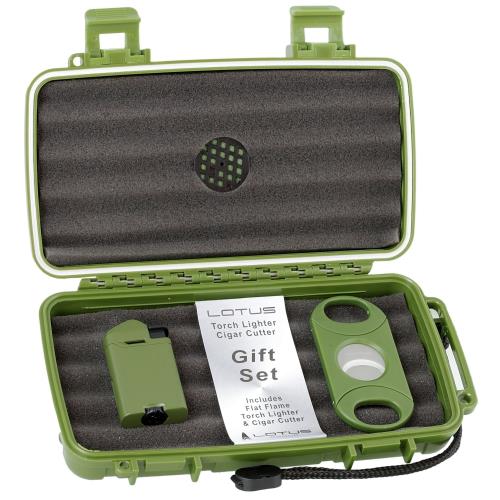 Vertigo Page Lighter and Big Boy Cutter and Travel Humidor Gift Set, Green