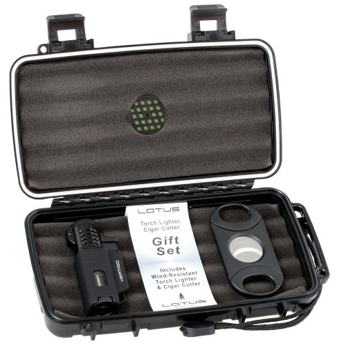 Vertigo Forester Lighter and Big Boy Cutter Travel Humidor Gift Set, Black